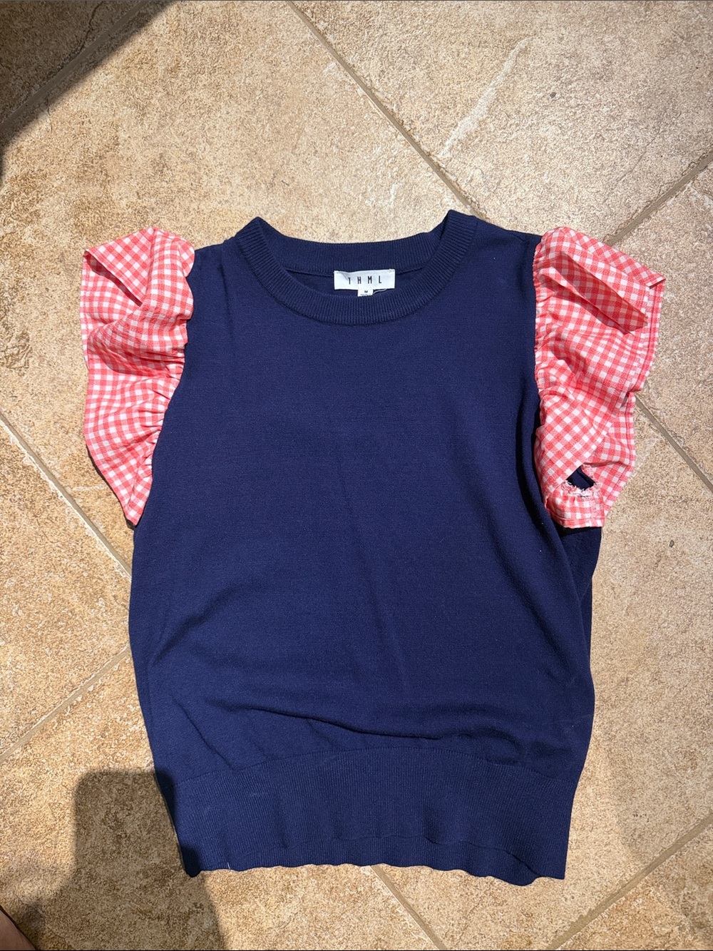 Navy Knit Tank with Pink Gingham Ruffle Sleeves